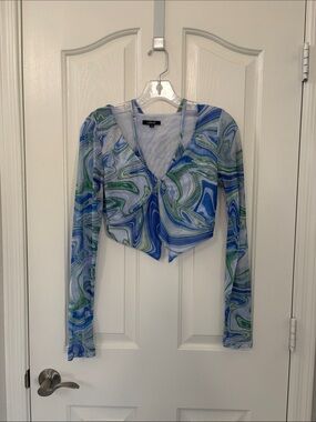 By DYLN Suki  Blue & Green Marble Swirl Long Sleeve Top With Halter Tie Size Med
